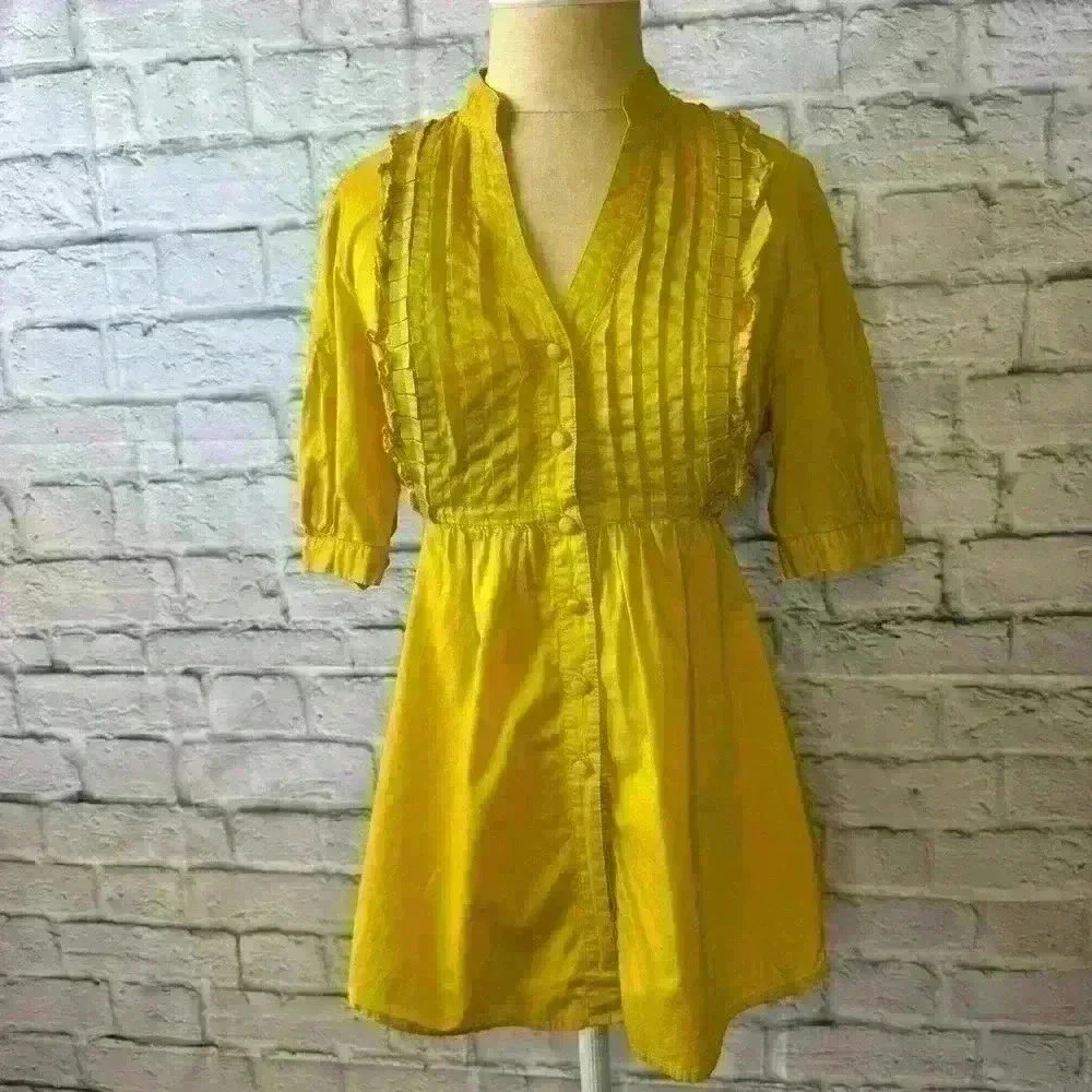 Elle Women’s Small Yellow Tunic Top with Pleat and Ruffle Detail 100% Cotton